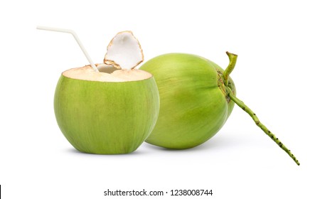Fresh green coconut with straw ready to drinking isolated on white background.