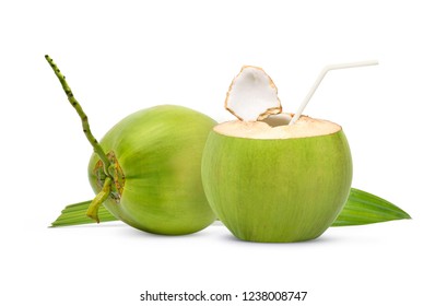 Fresh Green Coconut With Straw Ready To Drinking Isolated On White Background.