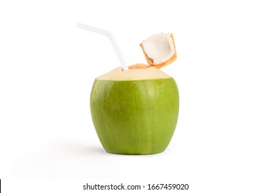 Fresh Green Coconut With White Straw Drinking Isolated On White Background.