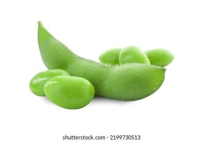 Fresh Green Edamame Pod And Beans On White Background