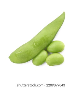 Fresh Green Edamame Pod With Beans On White Background, Top View