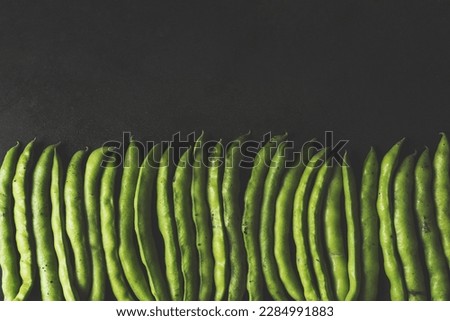 Fresh green faba beans aligned in a row on black rustic background, table top shot