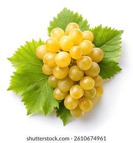 Fresh green grape cluster isolated on white background,Shine Muscat Grape isolated on white background, Green grape with leaves isolated on white With clipping path.