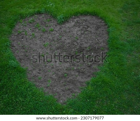 fresh Green grass around dry soil in the form of heart. Eco-friendly symbol and nature. Green grass with dirt, soil in heart shape. background and texture, top view. spring. springtime, summer season.