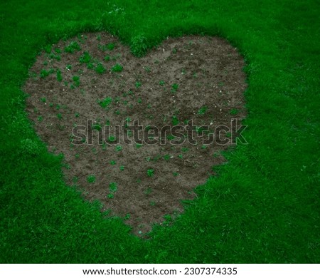fresh Green grass around dry soil in the form of heart. Eco-friendly symbol and nature. Green grass with dirt, soil in heart shape. background and texture, top view. spring. springtime, summer season.