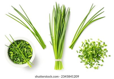 fresh green herbs: chives in a bunch, blades, chopped loose pieces, in a heap and a bowl, isolated cooking, nutrition, diet, farm or garden design elements, set or collection, cut-out on white - Powered by Shutterstock