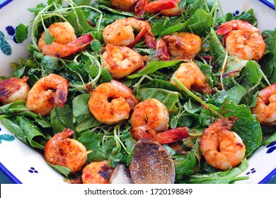 Fresh Green Kale Salad With Blackened Shrimp In A Bowl