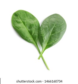 Fresh Green Leaves Of Healthy Baby Spinach On White Background, Top View