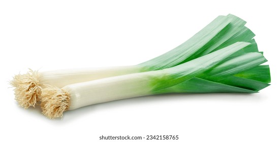 Fresh green leek stems isolated on white background.