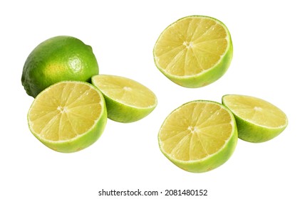 Fresh Green Lemon Fruit Isolated With Clipping Path, No Shadow, Pieces, Half, Slices In Black Background