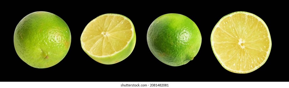 Fresh Green Lemon Fruit Isolated With Clipping Path, No Shadow, Pieces, Half, Slices In Black Background