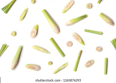 Fresh green lemongrass slices isolated on white background.