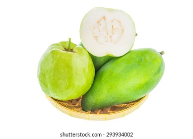 Fresh Green Mango Fruit With Guava In Bamboo Basket Isolated On White Background