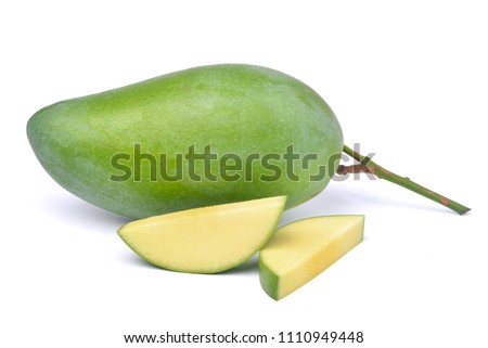 Fresh green mango fruit with sliced isolated on white background