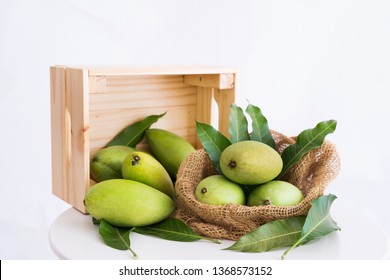 Fresh green mangoes in basket, isolated on white background
