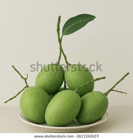 Fresh Green Mangoes on a Plate with Stems and Leaves – Studio Shot
