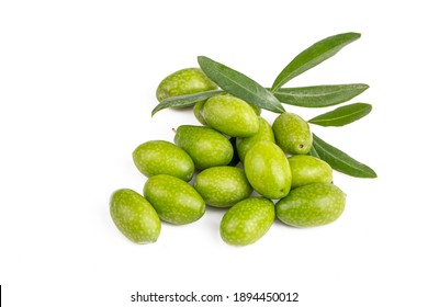 Fresh green olives on the white background
