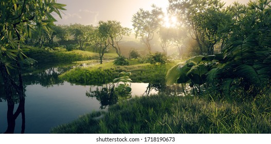 Fresh green paradise scenery - amazonian tropical rainforest environment with calm river in beautiful sunset light. 3d rendering.