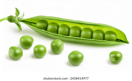 Fresh green pea pod with beans isolated on white background. Horizontal design element with clipping path