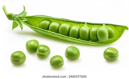 Fresh green pea pod with beans isolated on white background. Horizontal design element with clipping path