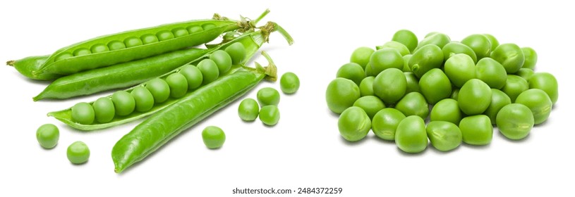 Fresh green pea pods with green peas isolated on white background. clipping path