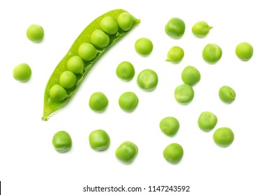 fresh green peas isolated on a white background. top view