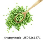 Fresh green peas in spoon isolated on white, top view