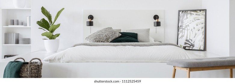 Fresh Green Plant Standing On Platform By The Mattress With White Bedding And Patterned Pillows, Two Lamps On Bedhead And Simple Poster In The Corner