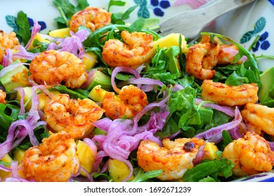 Fresh Green Salad With Blackened Shrimp, Pickled Red Onions And Pineapple In A Bowl