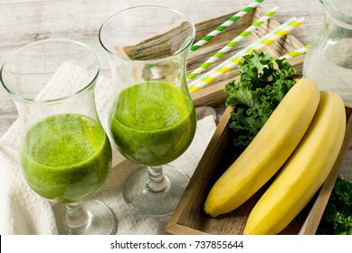 Fresh Green Smoothie With Kale And Banana. Food And Drink