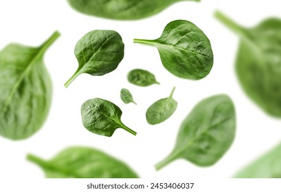 Fresh green spinach leaves in air on white background