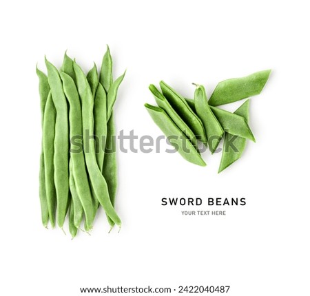 Fresh green sword bean isolated on white background. Healthy eating and food concept. Creative layout. Garden vegetables composition. Flat lay, top view. Design element

