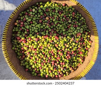 Fresh green, yellow, red and blue coffee beans in woven bamboo basket. Close up

 - Powered by Shutterstock