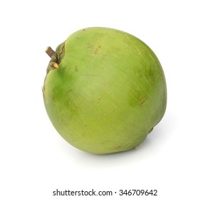 Fresh Green Young Coconut Split In Half Showing White Flesh, Isolated On White Background