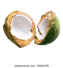 Fresh Green Young Coconut Split In Half Showing White Flesh, Isolated On White Background