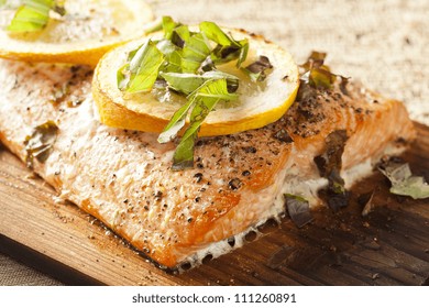 Fresh Grilled Salmon on a wooden plank