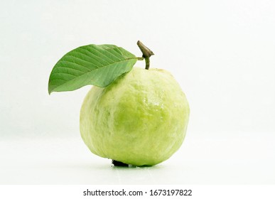 a fresh guava with broken leaf on top look yummy and delicious for healthy life close up isolated on white also has clipping path easy for use in another photo program exclude the black on bottom