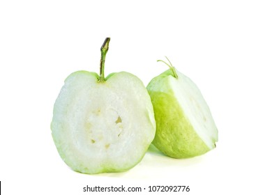 fresh Guava fruit with green leaf isolated on white background.The benefits of guava. It contains vitamins and minerals. Such as vitamin A, vitamin C. B1, B2, B3, B9, The fruit is high in vitamin