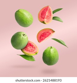 Frutas y hojas de guayaba frescas que caen sobre fondo rosa pastel