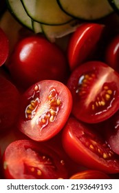 Fresh Half Potatoes In The Salat, Day Lighting, Fruit Full Of Vitamins And Antioxidants, Red Gold, Cherry Potato