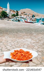 Fresh Halki Shrimps On White Plate.