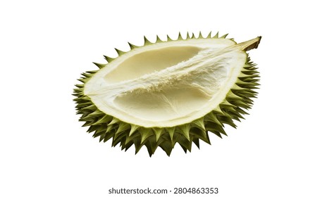 Fresh halved durian fruit with sharp green spikes and creamy white flesh
