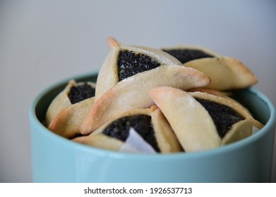 Fresh Hamantash Cookies In A Jar On Purim Jewish Holiday.