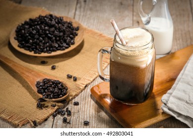 Fresh Hand Made Nitrogen Infused Nitro Coffee In Jar Artistic Decoration Decor Delicious Straw