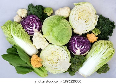 Fresh Harvested Vegetables From Market: White, Red And Savoy Cabbage, Broccoli And Colorful Cauliflower, Napa Cabbage And Bok Choy(pak Choi)