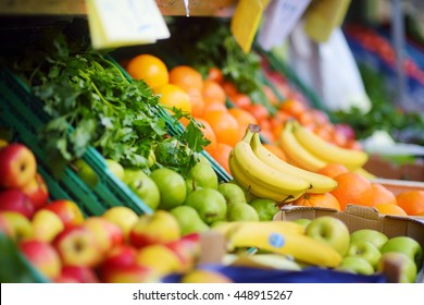 Fresh healthy bio fruits and vegetables on Bremen farmer agricultural market in Germany