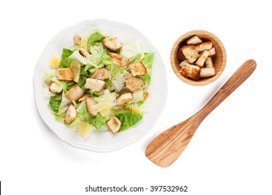 Fresh Healthy Caesar Salad. Isolated On White Background. Top View