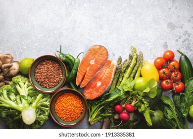 Fresh Healthy Food Concept Or Background With Copy Space For A Text, Top Down View