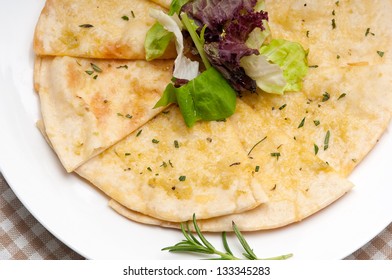 Fresh Healthy Garlic Pita Bread Pizza With Salad On Top