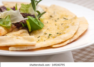 Fresh Healthy Garlic Pita Bread Pizza With Salad On Top